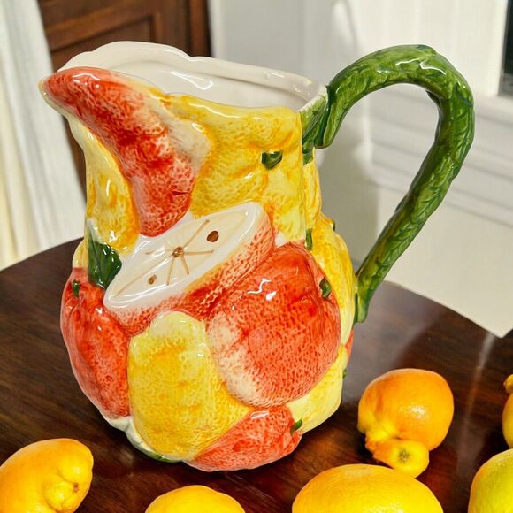 WCL Ceramic Raised Fruit Pitcher 64 oz Iced Tea Lemonade Vtg Farmhouse Country - Picture 1 of 13